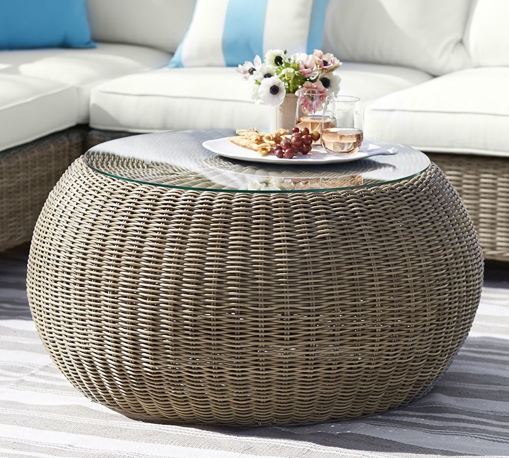 Torrey AllWeather Wicker Outdoor Coffee Table Pouf, Espresso Pottery