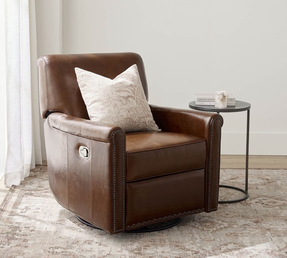 pottery barn grayson leather swivel recliner