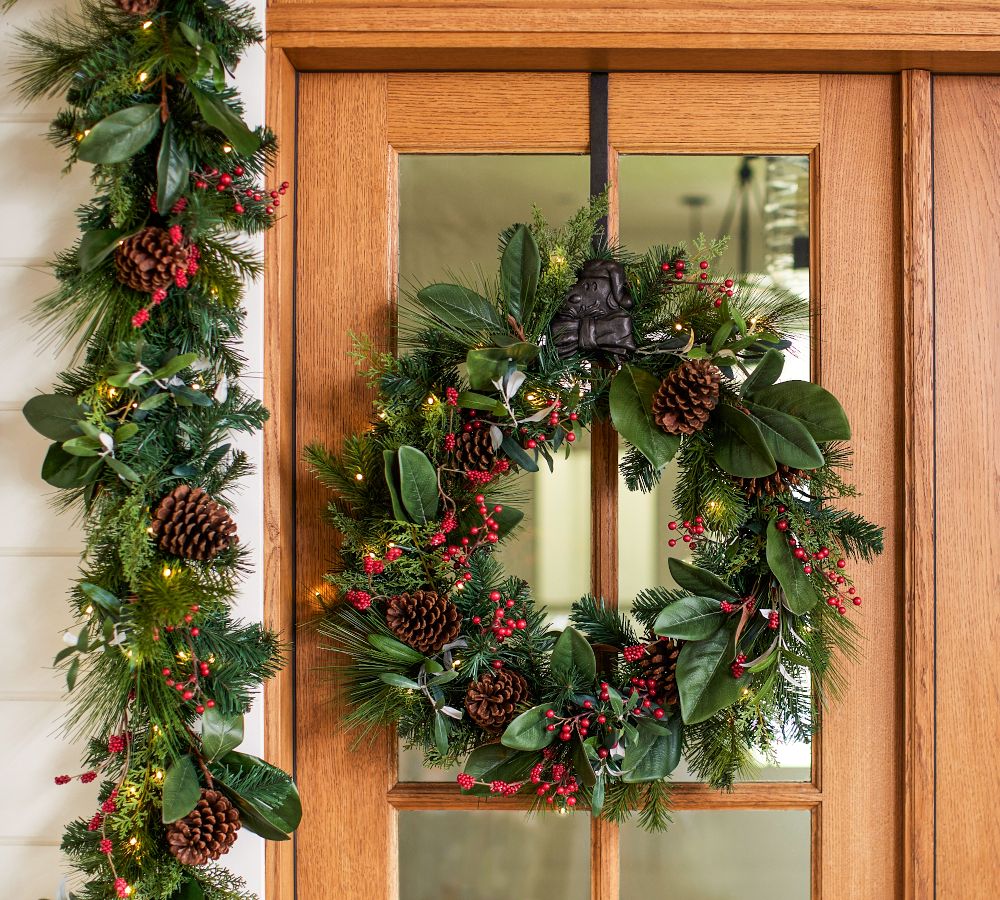 Pre-Lit Faux Pine & Berries Wreath & Garland | Pottery Barn