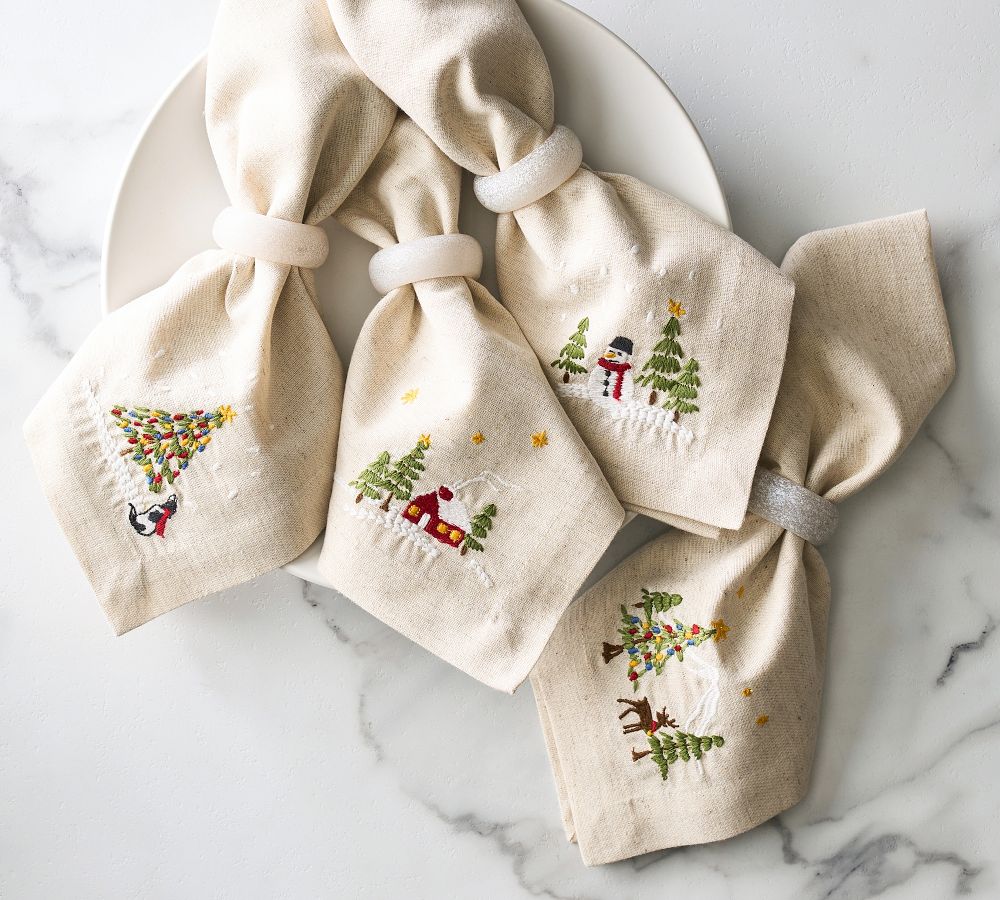 Christmas in the Country Embroidered Cotton/Linen Napkins - Set of 4 |  Pottery Barn