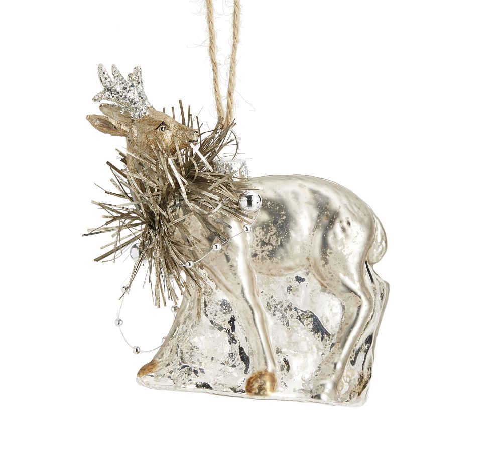 Mercury Glass Tinsel Reindeer Ornament 