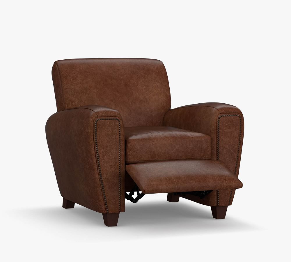 Manhattan Square Arm Leather Power Recliner with Nailheads Pottery Barn
