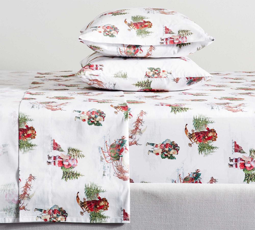 Nostalgic Santa Organic Percale Sheet Set Pottery Barn