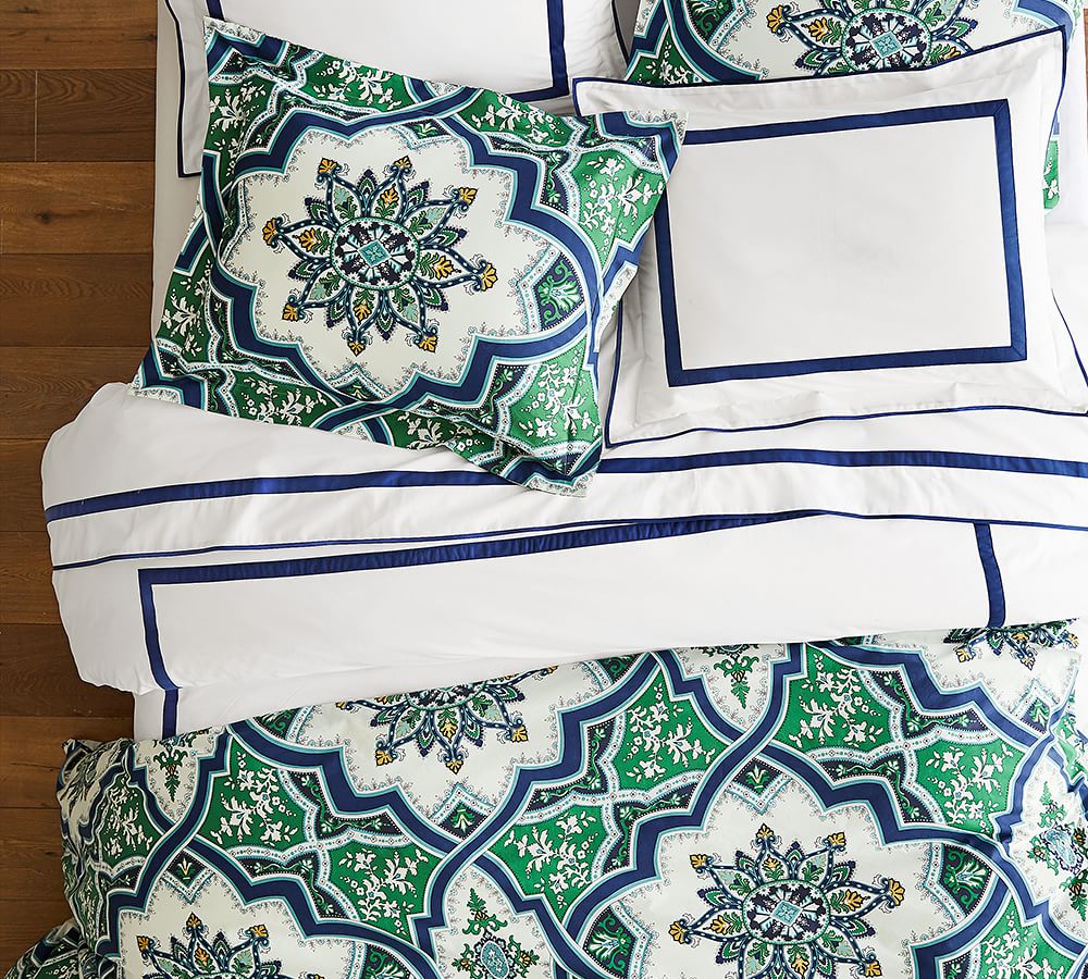 Blue Ashton Medallion Organic Percale Patterned Duvet Cover & Sham