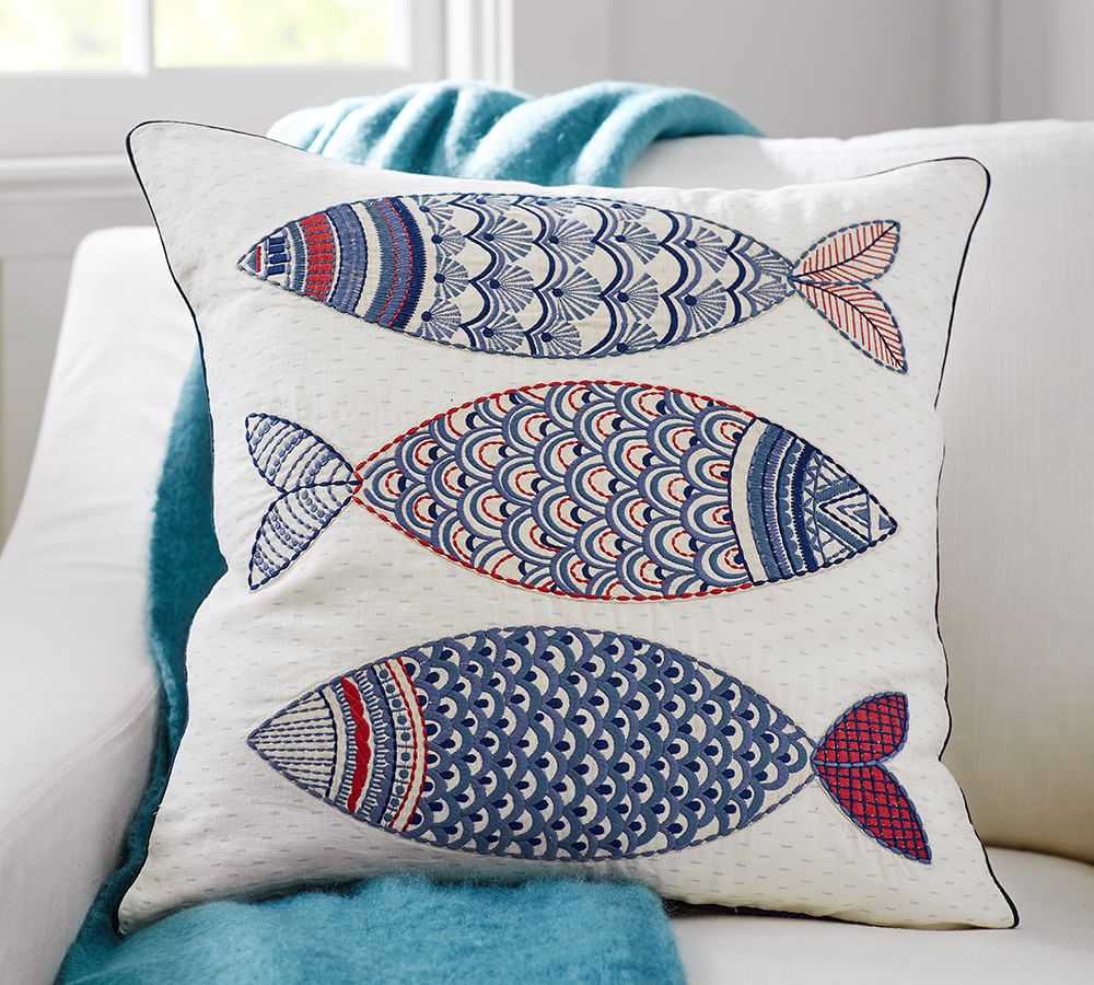 3 Fish Embroidered Decorative Pillow Cover Pottery Barn