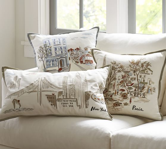Pottery Barn PB Teen London Destination Throw Pillow Cover Case Embroidered 18” 