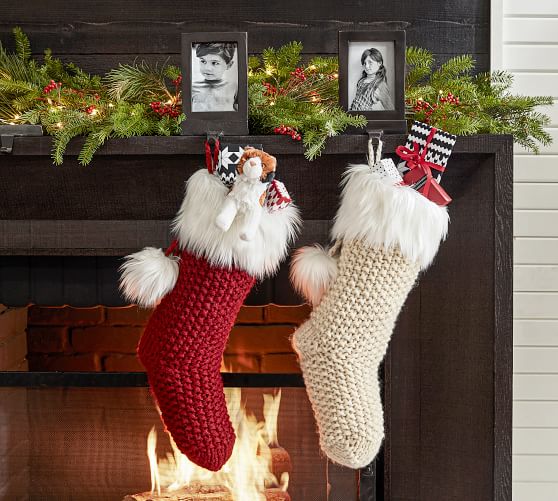 Red Knit Christmas Stocking with faux fur trim at top & matching pom poms 