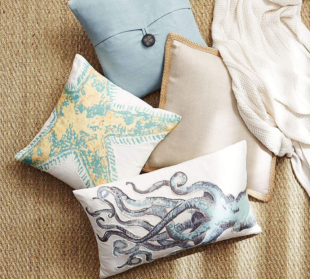 Painted Octopus Embroidered Lumbar Decorative Pillow Cover Pottery Barn