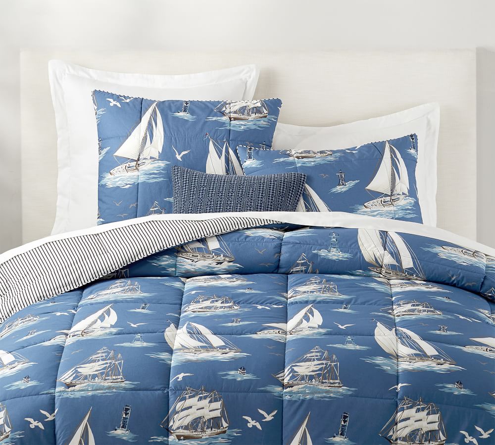 Nautical Boat Sailboat Lightweight Fleece Coverlet Bed Cover Blanket & Sham Set 