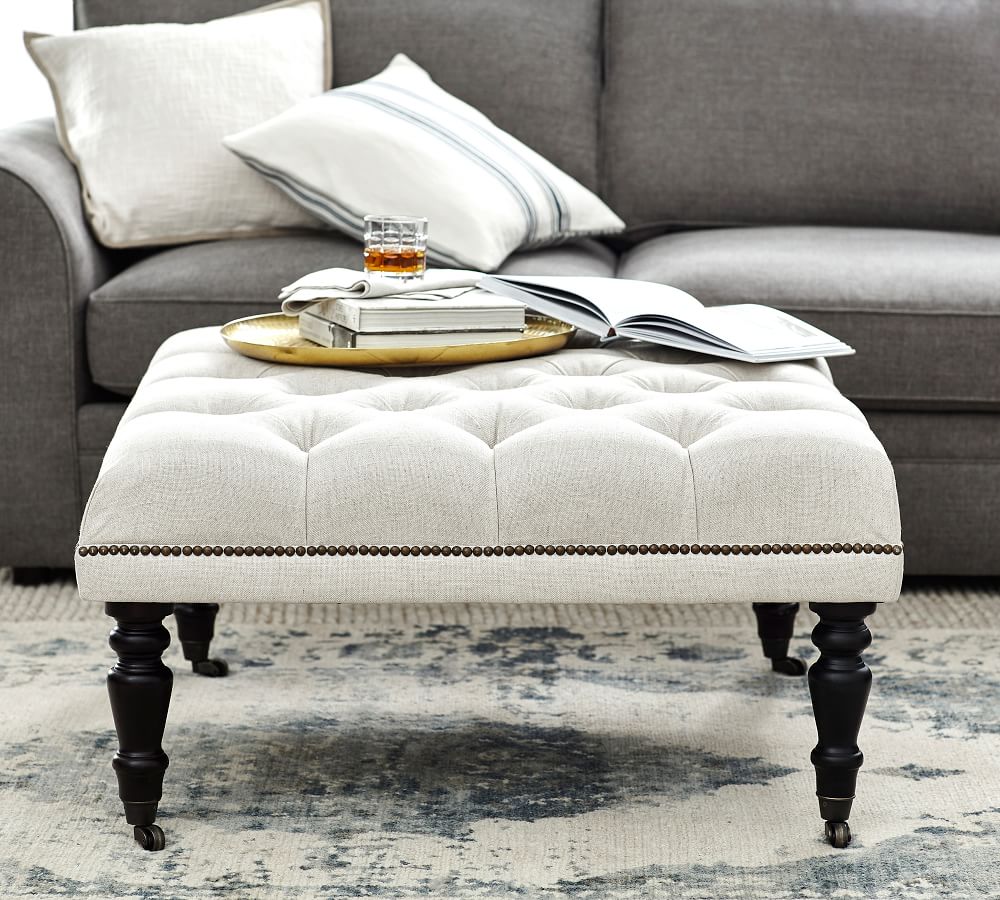 Raleigh Tufted Upholstered Square Ottoman Pottery Barn