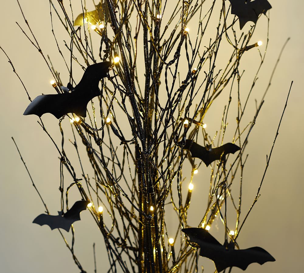 PreLit Black Glitter Branches with Bats Pottery Barn