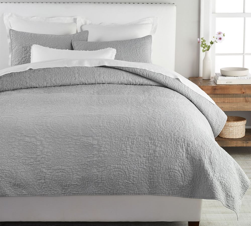 White Belgian Flax Linen Floral Stitch Quilt & Sham | Pottery Barn