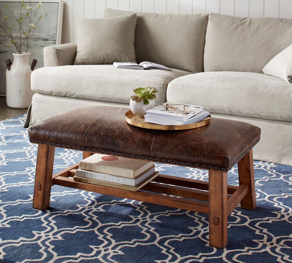 Caden Petite Leather Ottoman Pottery Barn