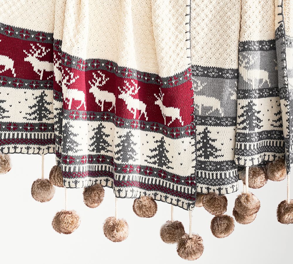 Fair Isle Fur Pom Pom Throw Blanket Pottery Barn