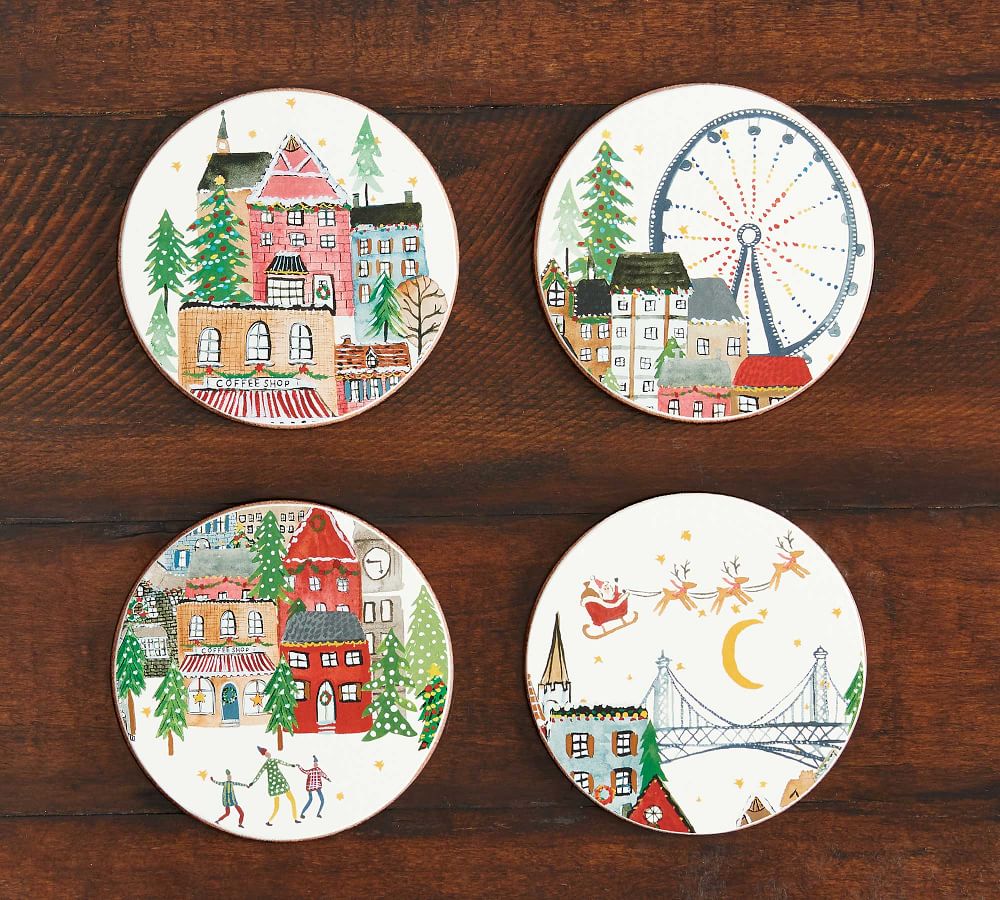 Christmas in the City Assorted Cork Coasters Set of 4 Pottery Barn