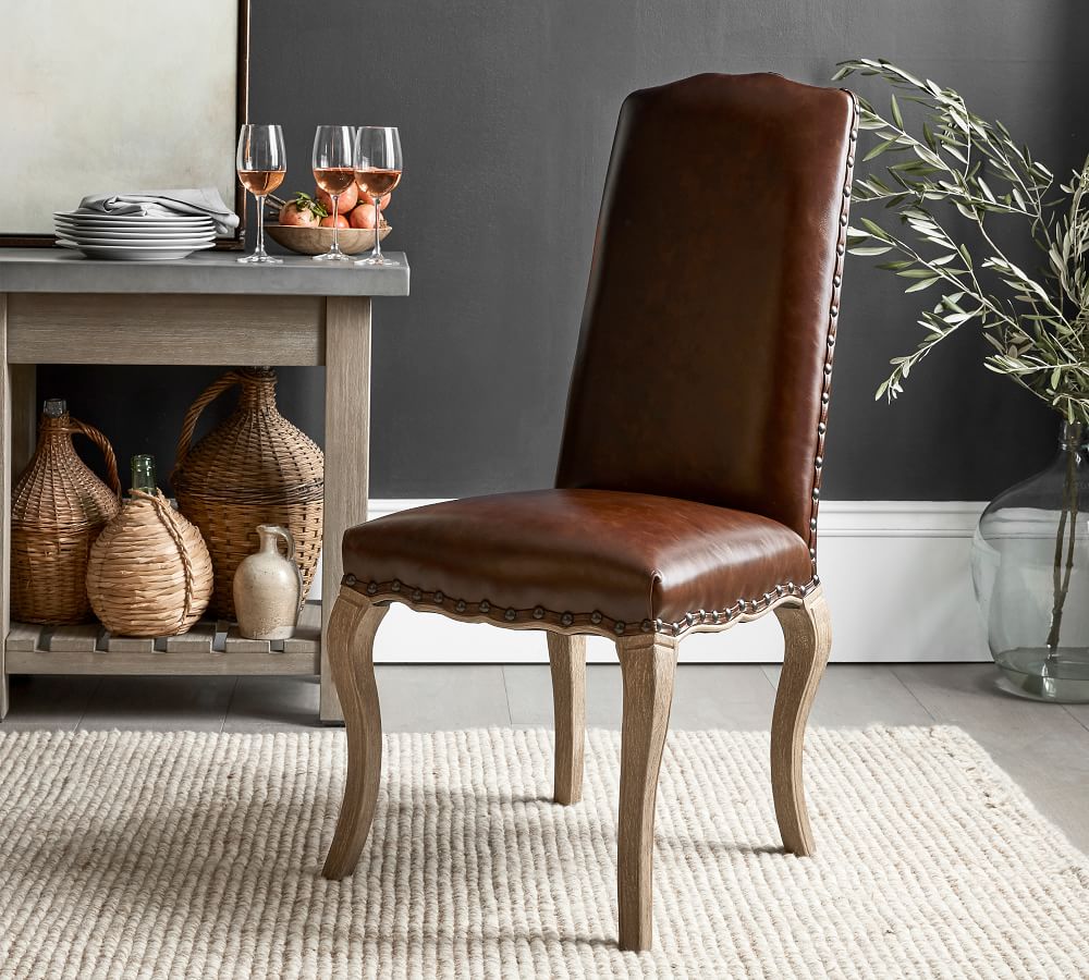 brown leather nailhead dining chairs