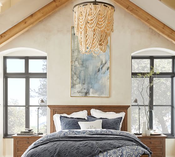 beaded chandelier in bedroom