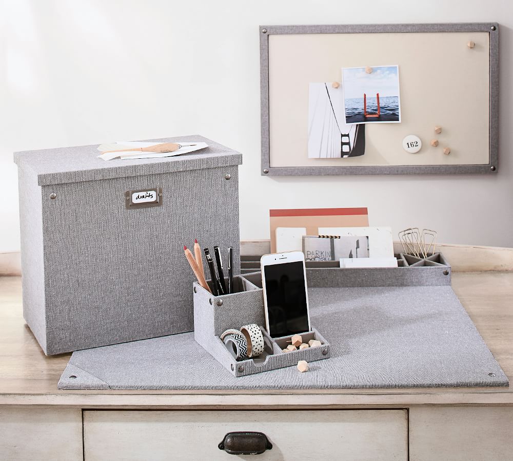 Gray Blythe Linen Desk Accessories, Tall File Box | Pottery Barn