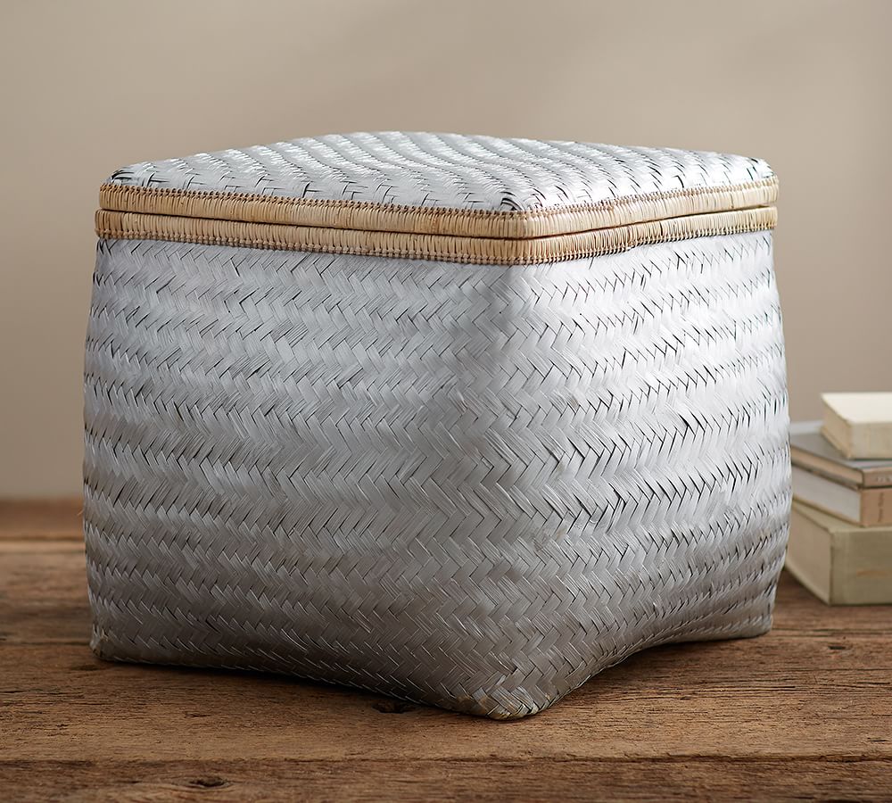 Silver Flatweave Lidded Storage Basket Pottery Barn