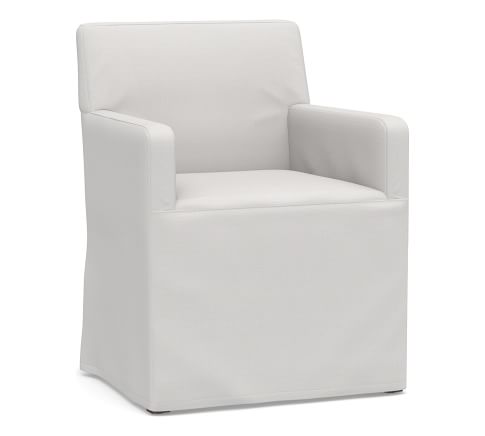 Classic Long Slipcovered Dining Armchair, Grey Wash Frame, Sunbrella® Performance Slub Tweed White