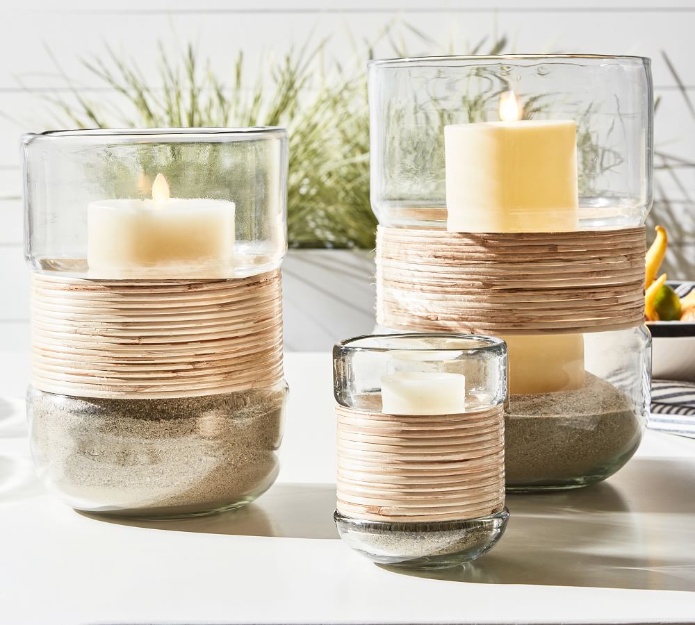 Palm Woven Rattan and Glass Hurricanes | Pottery Barn