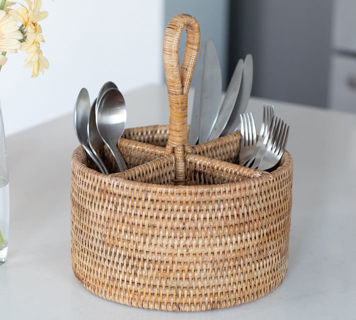 Tava Handwoven Rattan Round Flatware Caddy Pottery Barn