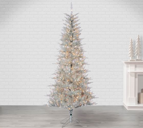 pre lit silver tinsel christmas tree