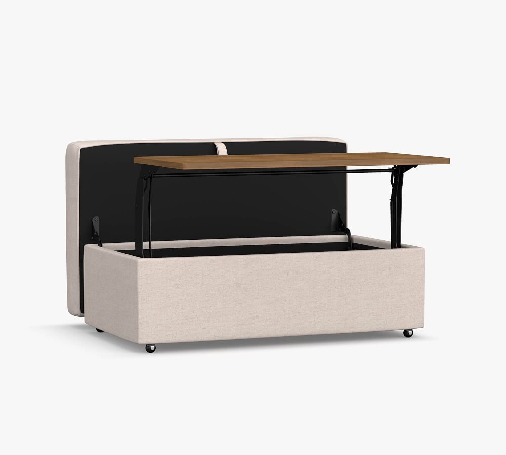 PB Comfort Upholstered Storage Ottoman with Pull Out Table Pottery Barn