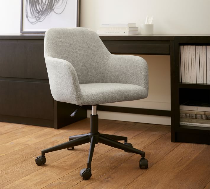 grey upholstered swivel office chair