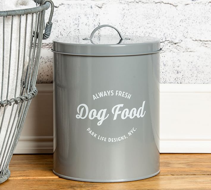 grey dog food tin