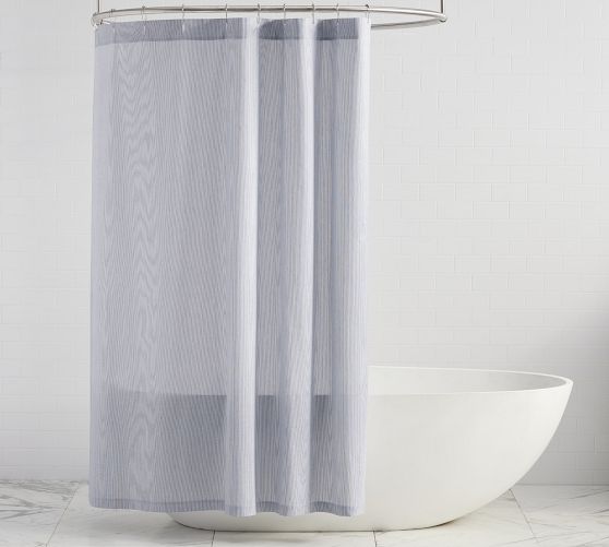 pottery barn ticking stripe ruffled shower curtain