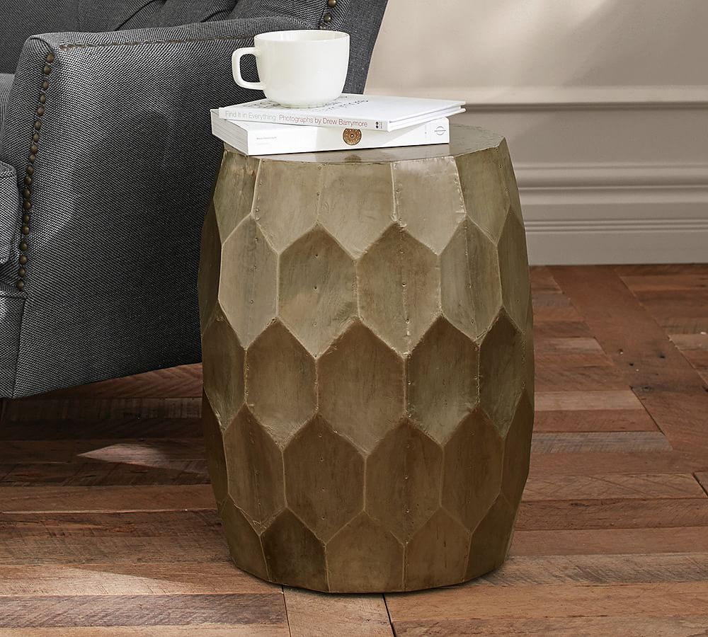 Metal Clad Accent Stool Side Table Pottery Barn   Hammered Wood Metal Accent Stool L 