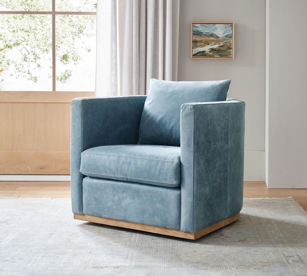 Ayden Barrel Leather Swivel Armchair with Wood Base | Pottery Barn