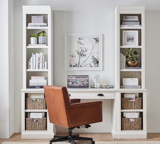 desk with tall shelves