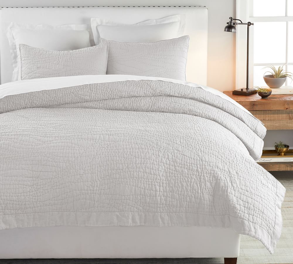 White Belgian Flax Linen Handcrafted Quilt | Pottery Barn