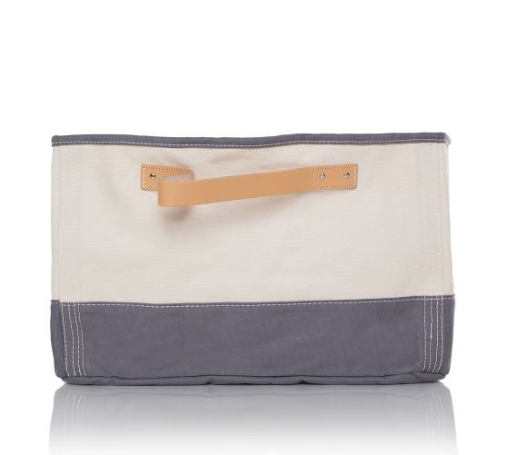 Canvas Gray Tub Storage Basket W/ Leather Handles Pottery Barn
