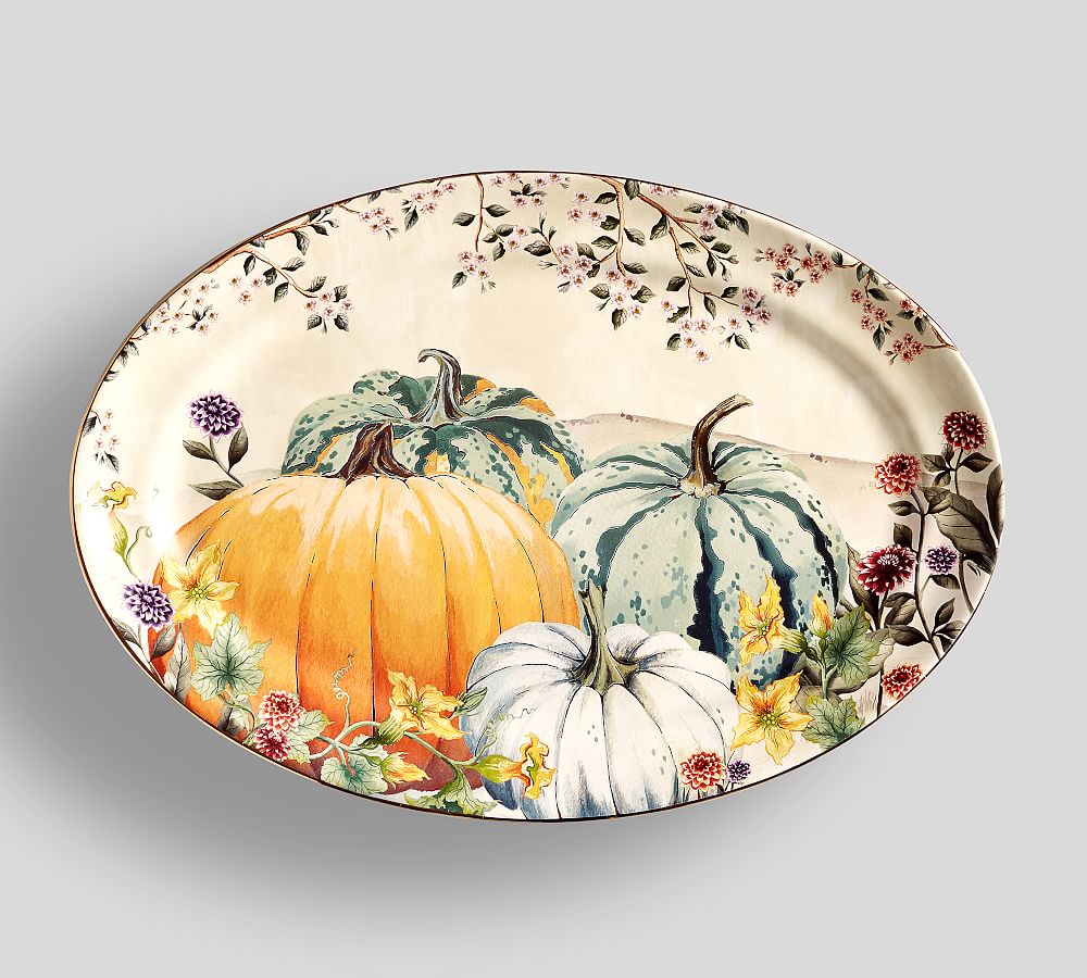 Botanical Harvest Pumpkin Stoneware Oval Serving Platter Pottery Barn
