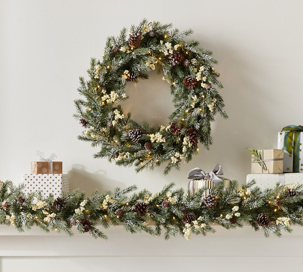 PreLit Faux Frozen Pine And White Berry Wreath & Garland Pottery Barn