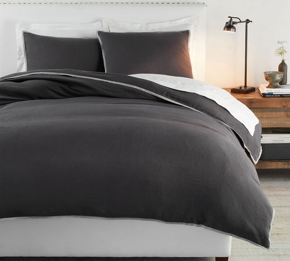 Belgian Flax Linen Contrast Flange Duvet Cover | Pottery Barn