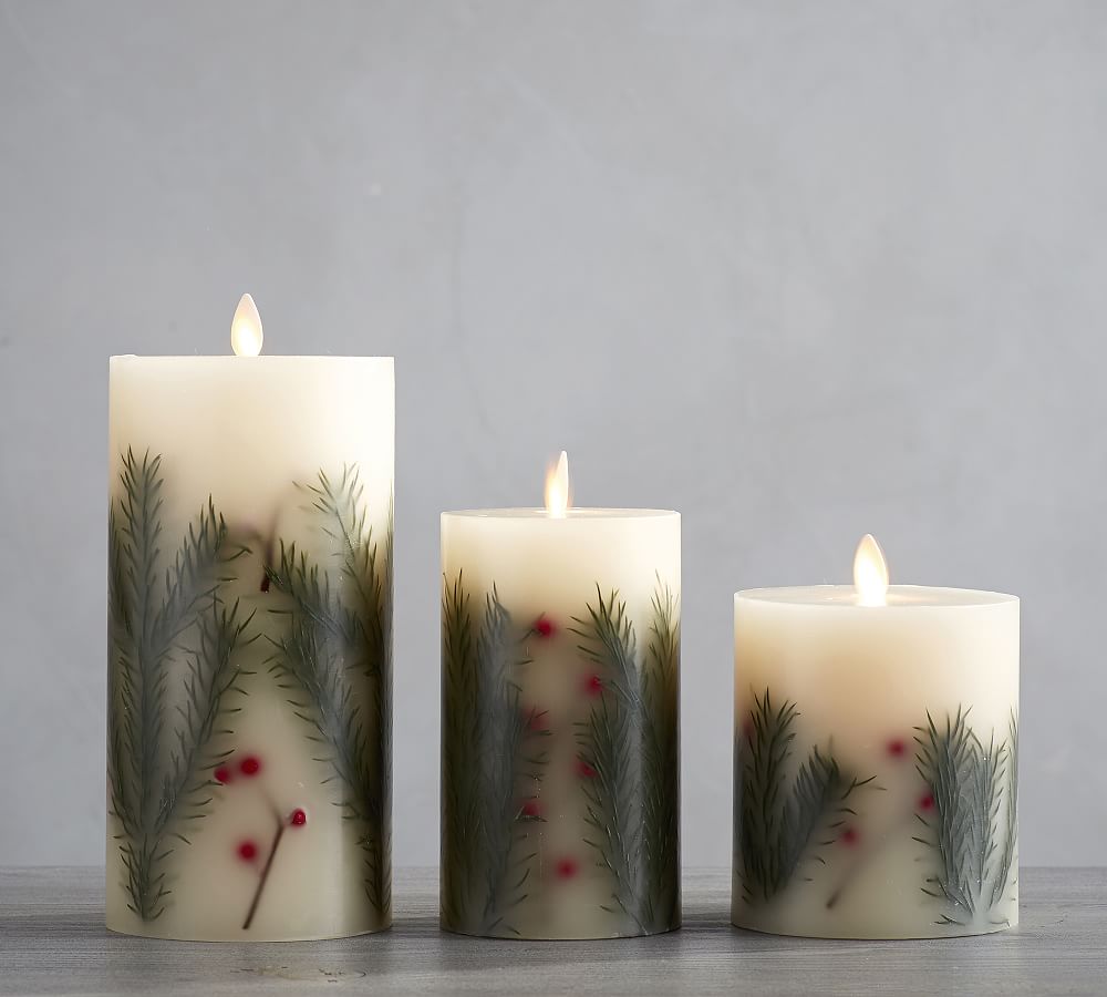 Premium Flicker Flameless Pine Inclusion Candle Green Pottery Barn