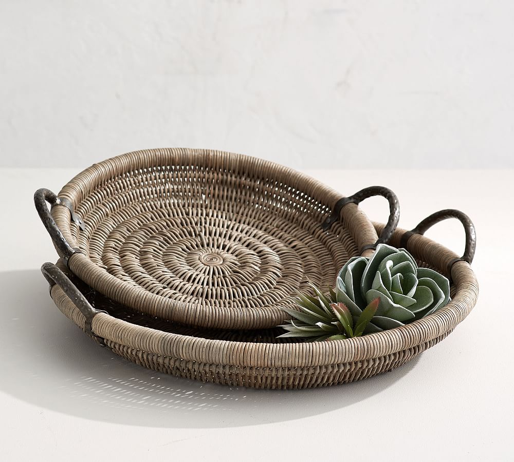 Round Woven Decorative Tray with Handles Pottery Barn