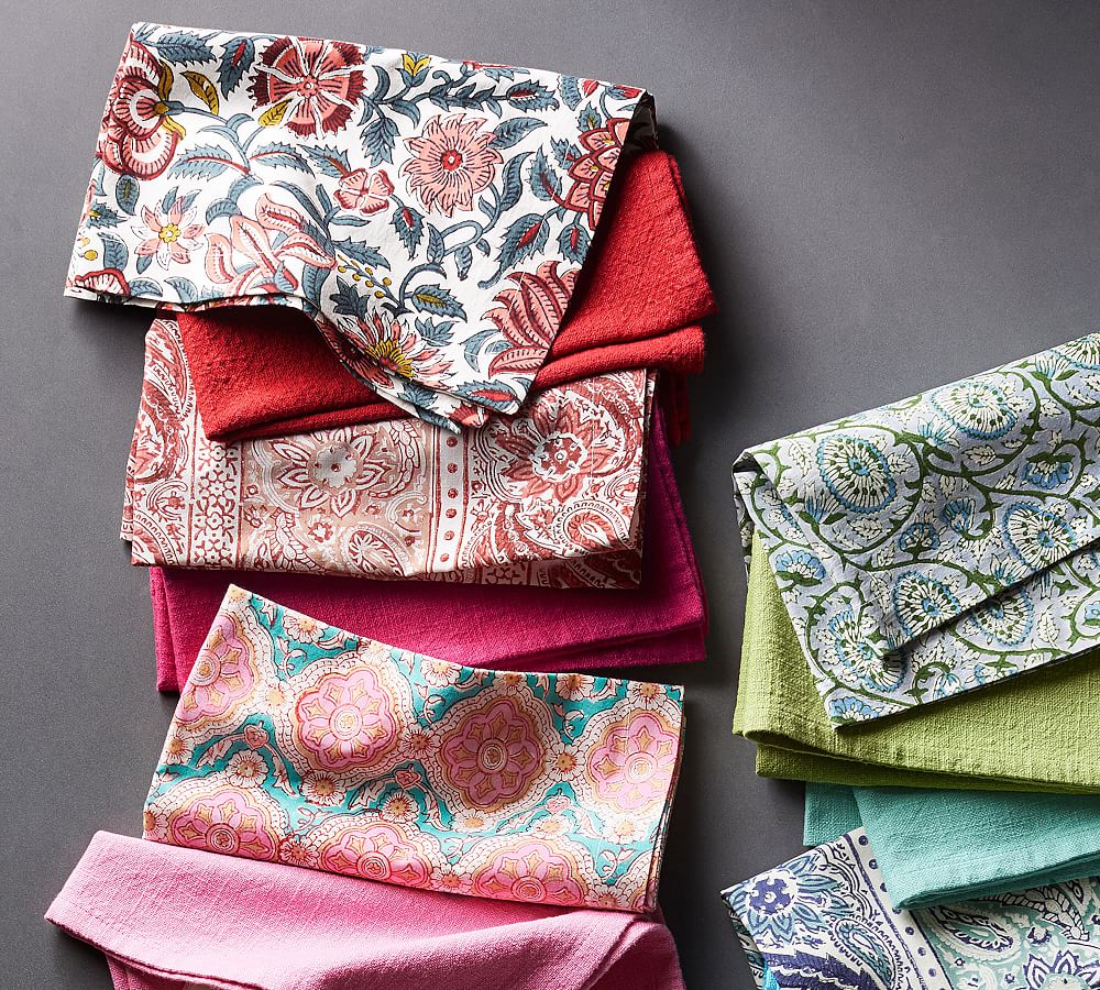 Block Print Lakshmi Green Floral Cloth Napkin Pottery Barn