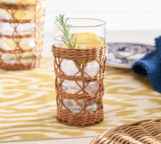 Handwoven Wicker and Glass Tumblers - Set of 4
