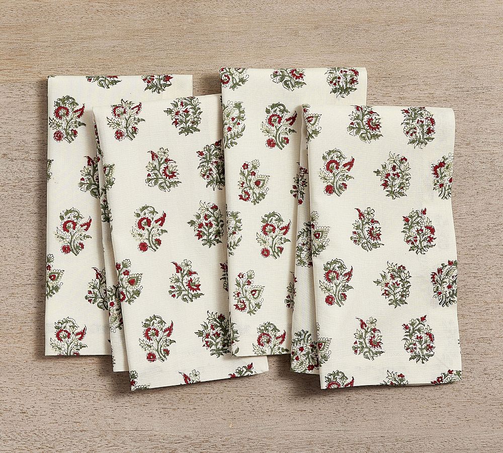 (RED & GREEN) Sophia Floral Block Cotton Napkins - Set of 4