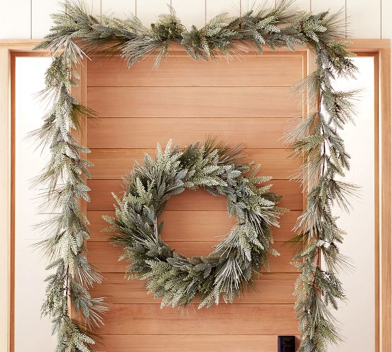 Pre-Lit Faux Flocked Pine Wreath & Garland | Pottery Barn