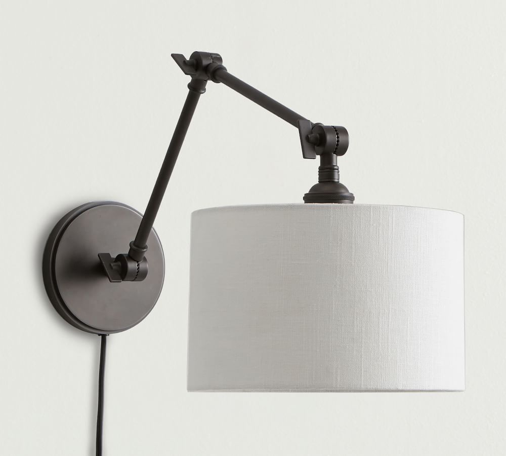 Articulating Arm Linen Drum Shade Plug-In Sconce