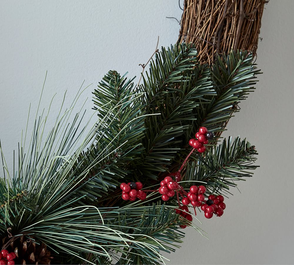 Pre-Lit Faux Red Berry & Pine Wreath | Pottery Barn