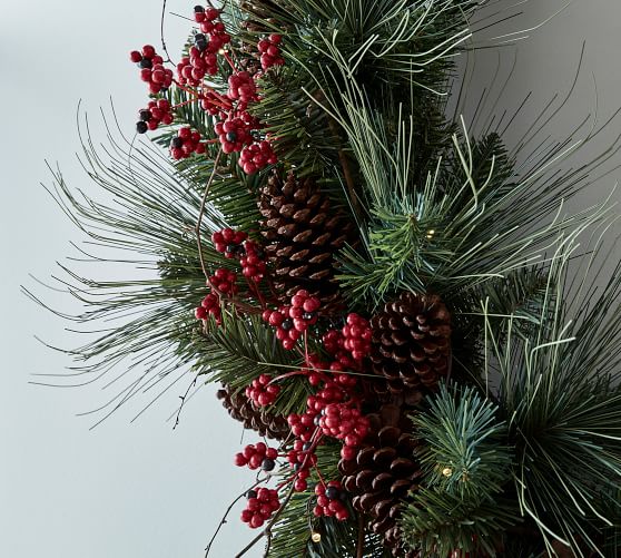 Pre-Lit Faux Red Berry & Pine Wreath | Pottery Barn