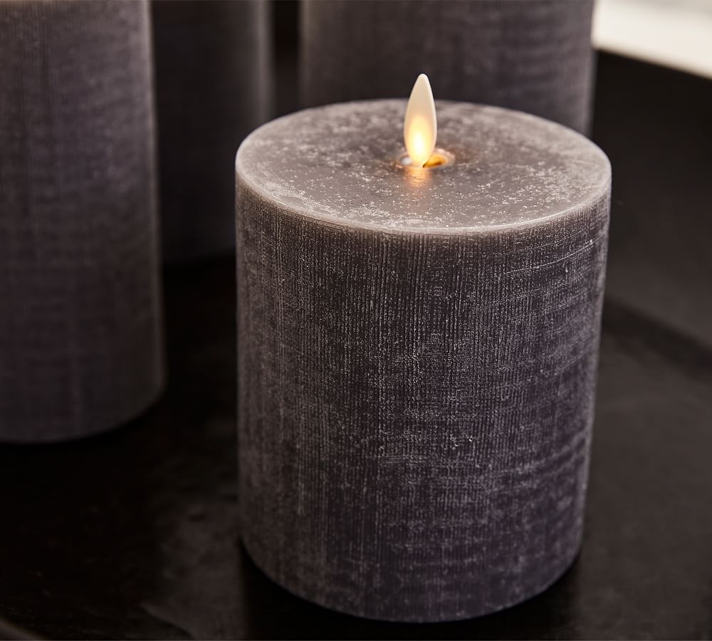 Premium Flickering Flameless Wax Pillar Candles Linen Textured Charcoal Pottery Barn