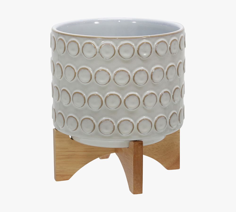 Elena Textured Ceramic Planter on Wooden Stand Pottery Barn